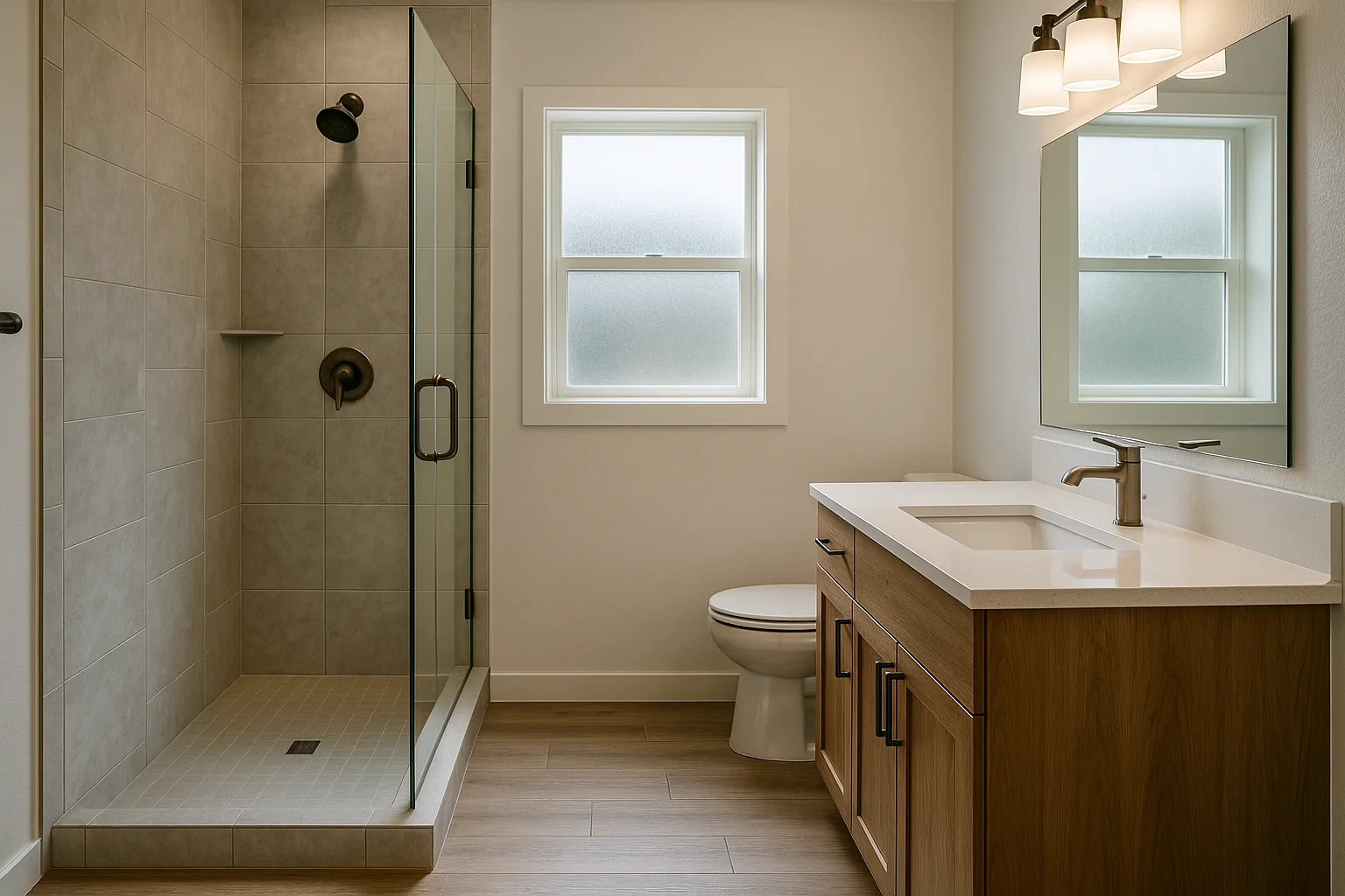 Remodeled bathroom with walk-in shower in a Eugene home