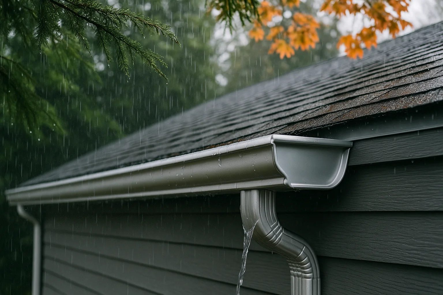 New seamless gutters on a Eugene home in the rain
