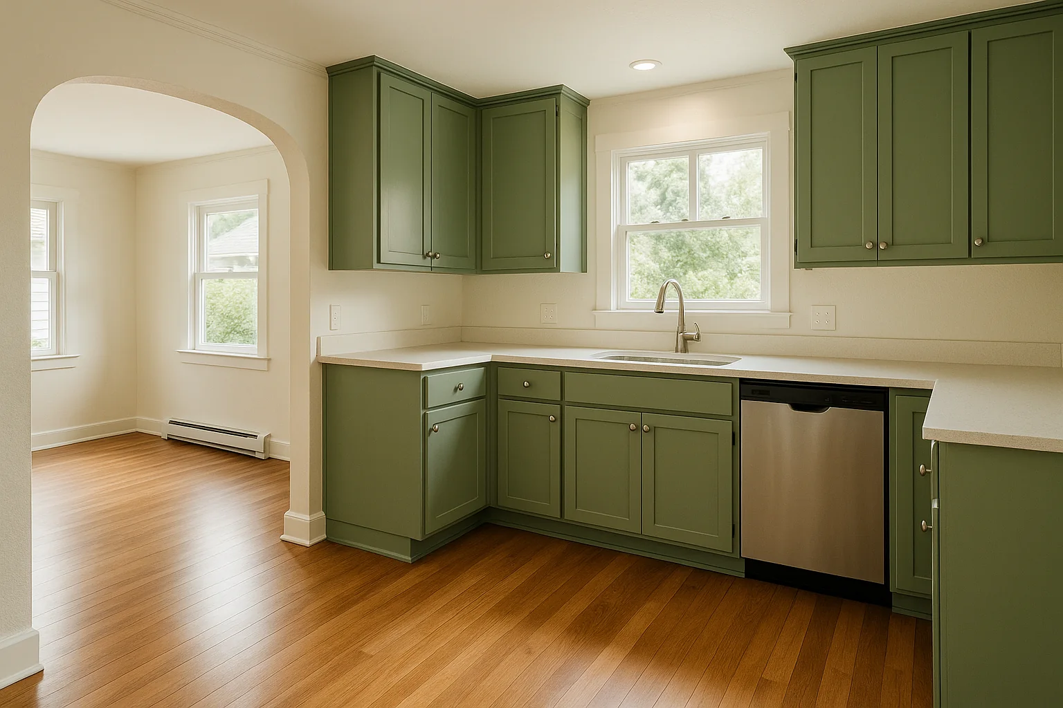 Freshly painted bungalow interior with sprayed cabinets in Eugene