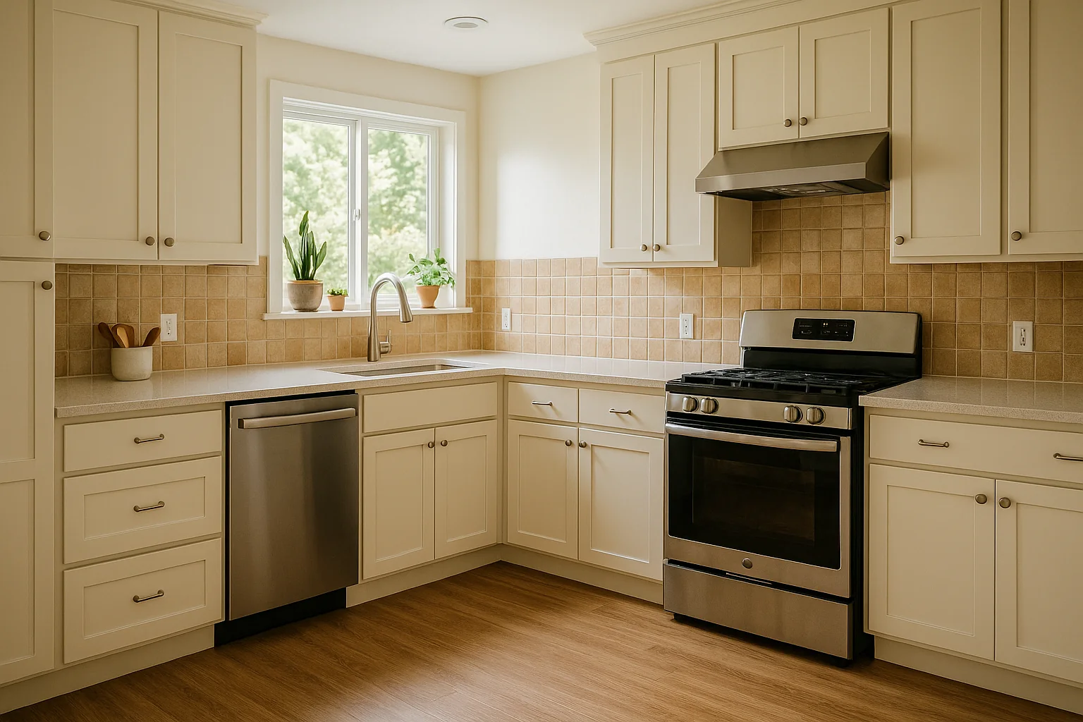 Refreshed Eugene kitchen with sprayed cabinets and new backsplash