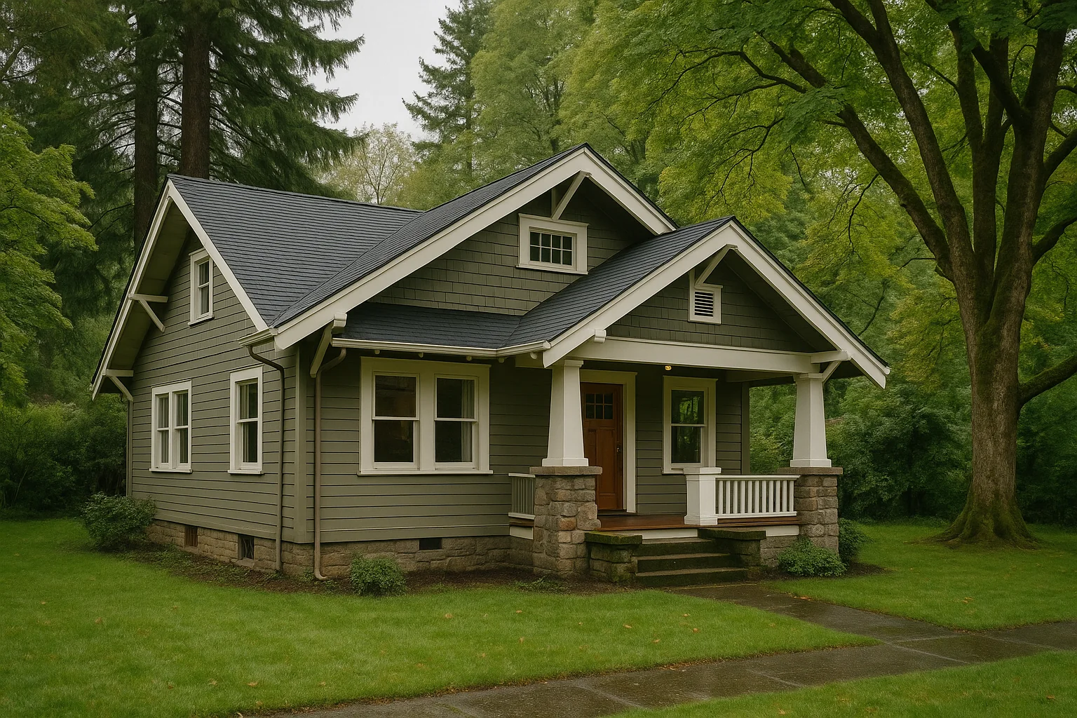 New composition roof on a Eugene craftsman home under fir trees